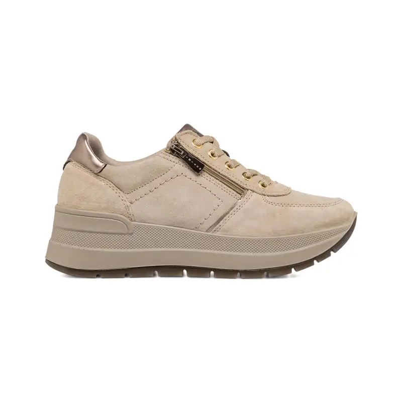Sneakers beige da donna in pelle con suola platform