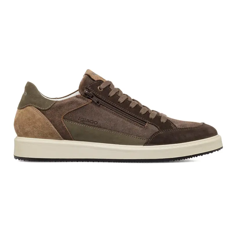 Sneakers beige da uomo in pelle con lacci e zip