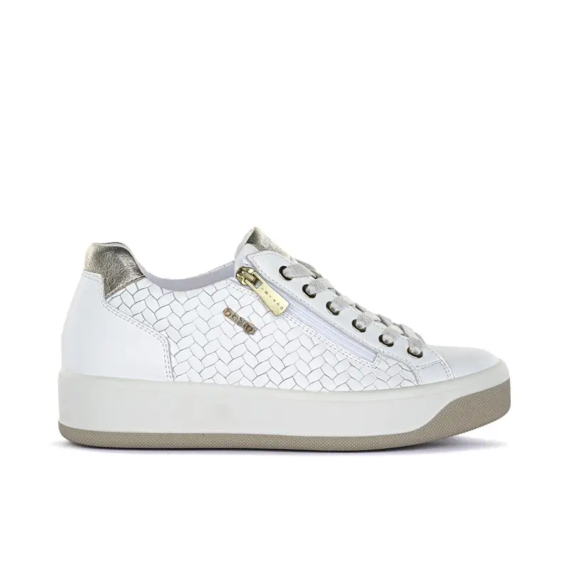 Sneakers bianche in pelle con suola platform e inserto effetto spigato