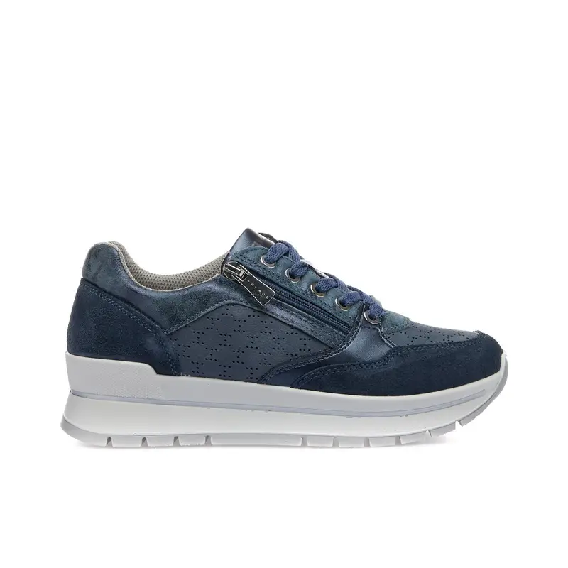 Sneakers blu da donna in pelle con suola platform