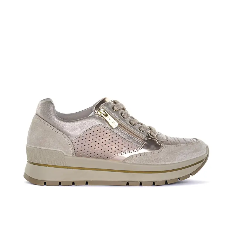 Sneakers oro con inserto traforato, zip e lacci