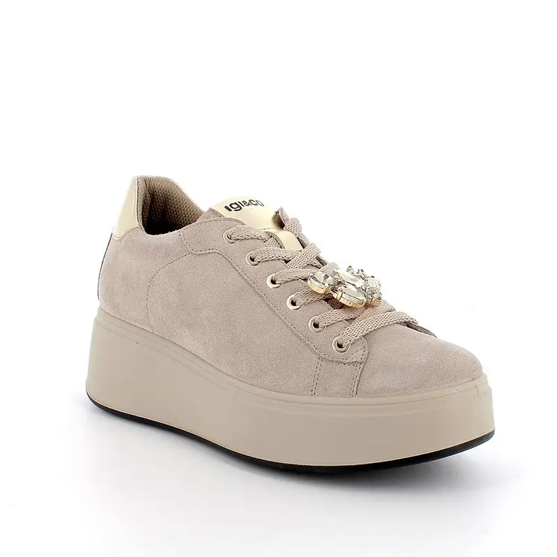 Sneakers con zeppa da donna beige con lacci miniatura 2