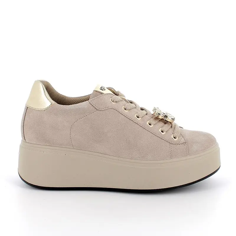 Sneakers con zeppa da donna beige con lacci