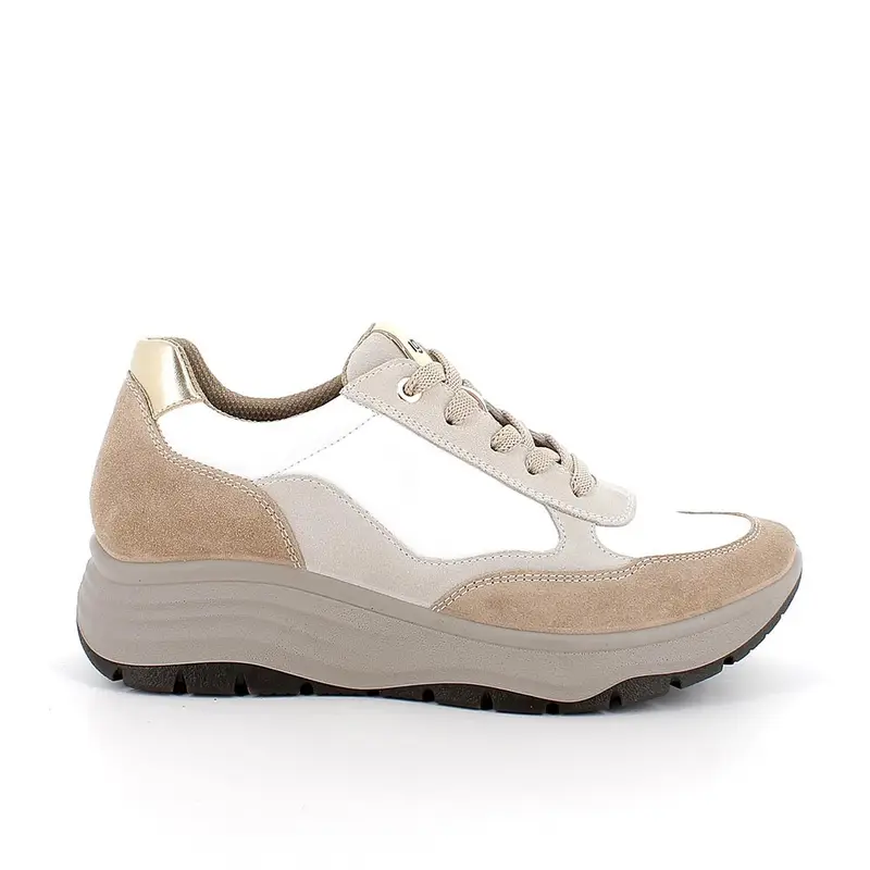 Sneakers con zeppa da donna beige e bianco con lacci