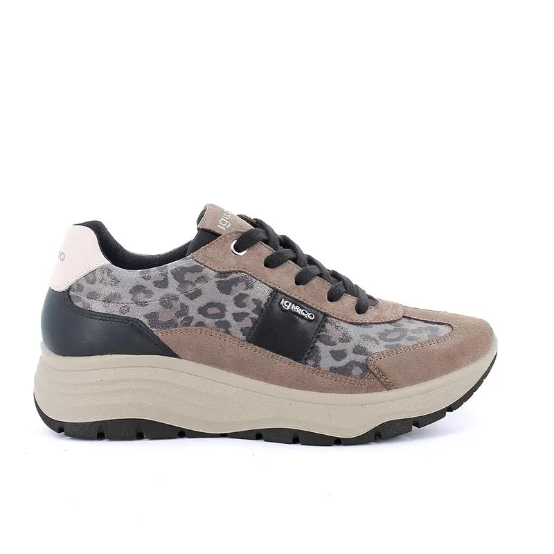 Sneakers con zeppa da donna beige e grigio con lacci