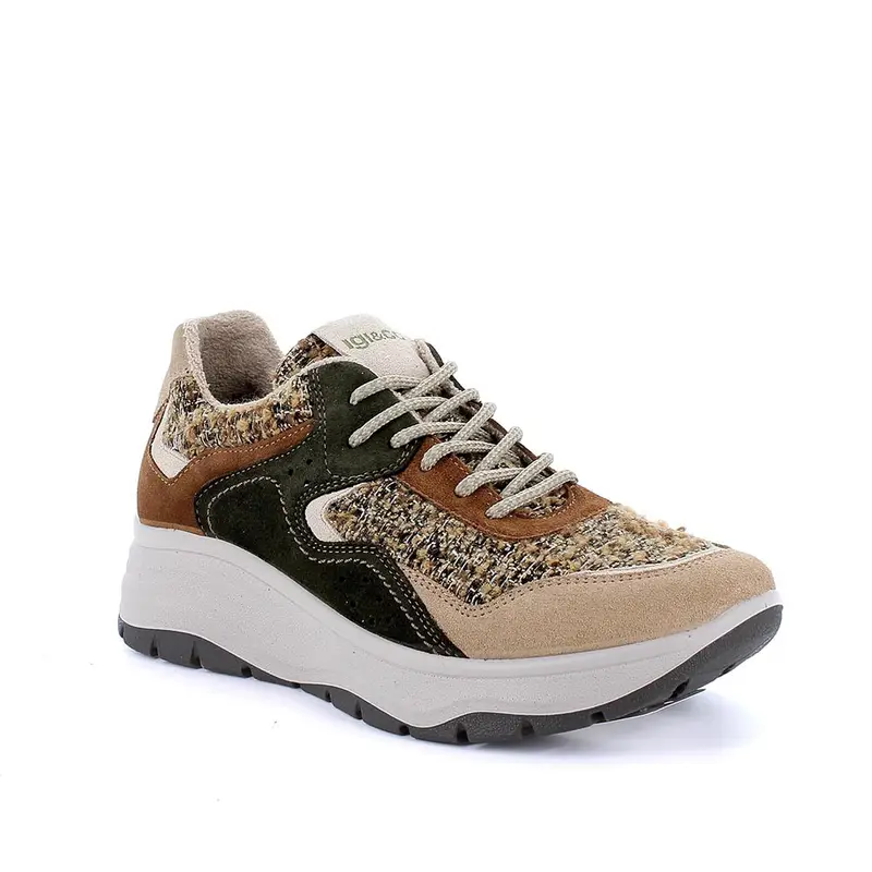 Sneakers con zeppa da donna beige e marrone con lacci miniatura 2
