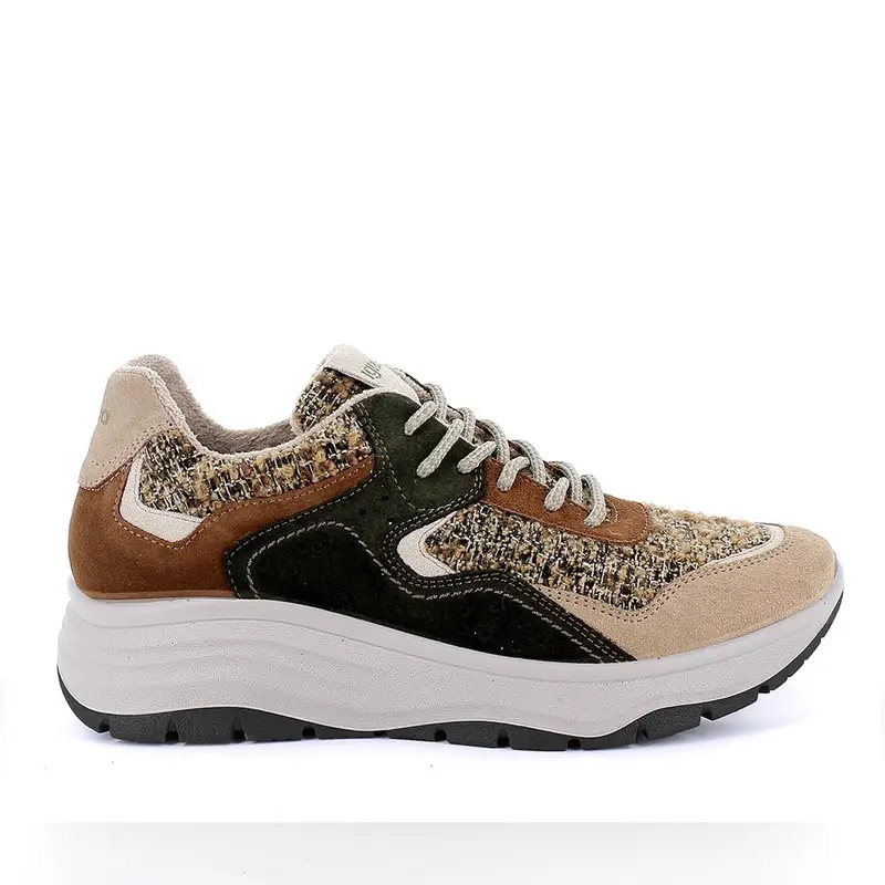Sneakers con zeppa da donna beige e marrone con lacci