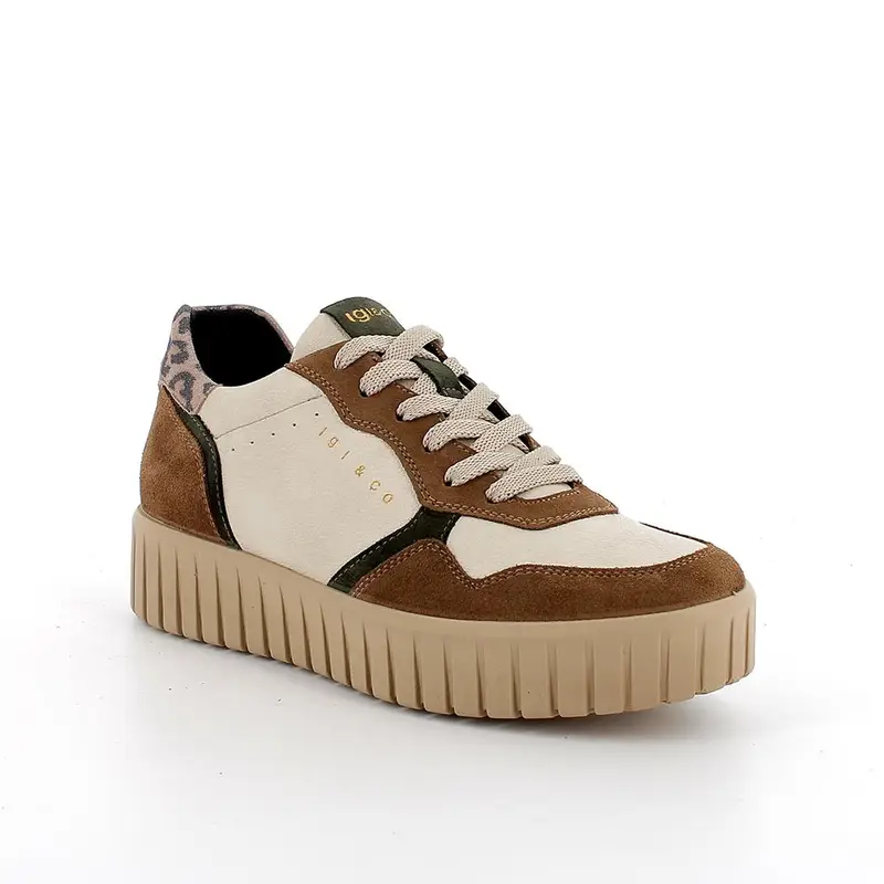 Sneakers con zeppa da donna marrone e beige con lacci miniatura 2