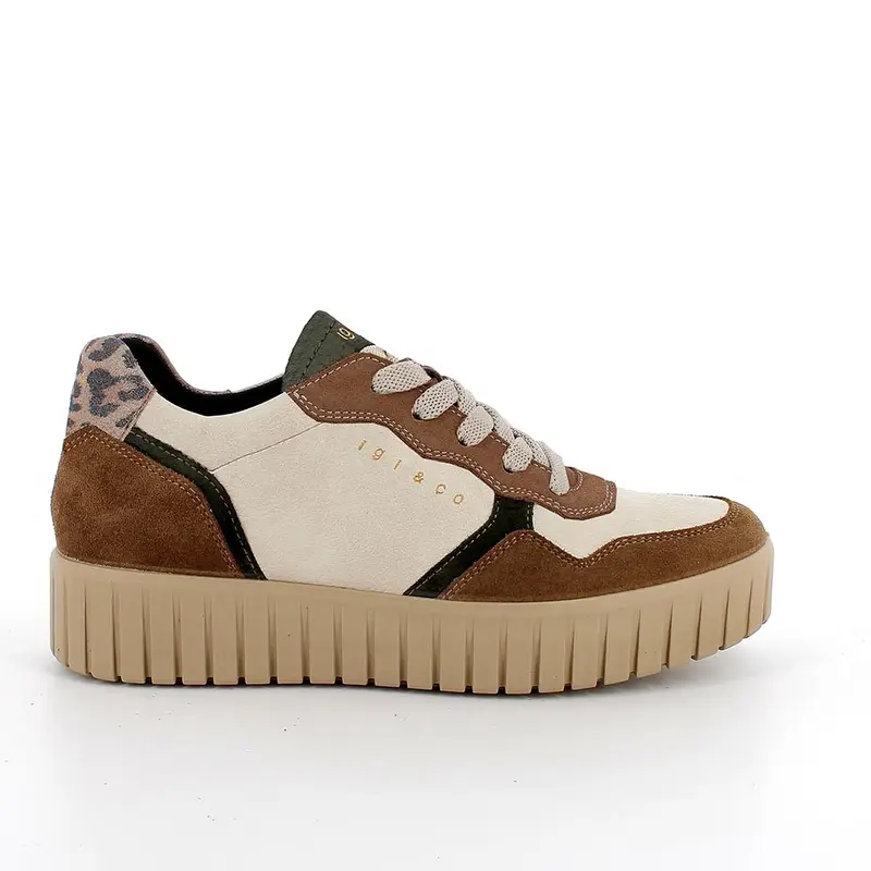 Sneakers con zeppa da donna marrone e beige con lacci
