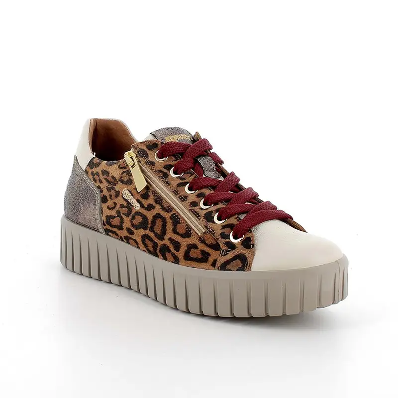 Sneakers con zeppa da donna marrone e beige con zip miniatura 2