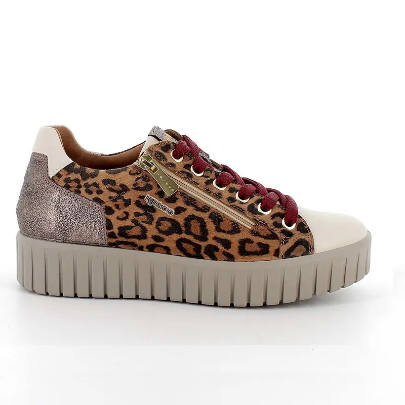 Sneakers con zeppa da donna marrone e beige con zip