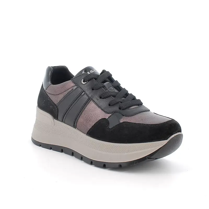 Sneakers con zeppa da donna marrone e nero con lacci miniatura 2