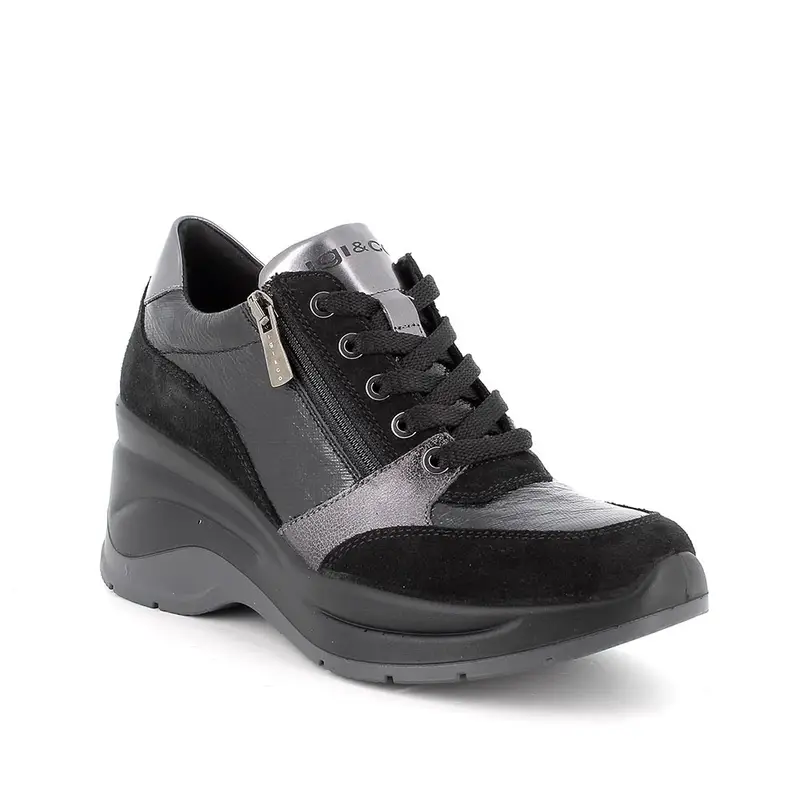 Sneakers con zeppa da donna nero con zip miniatura 2