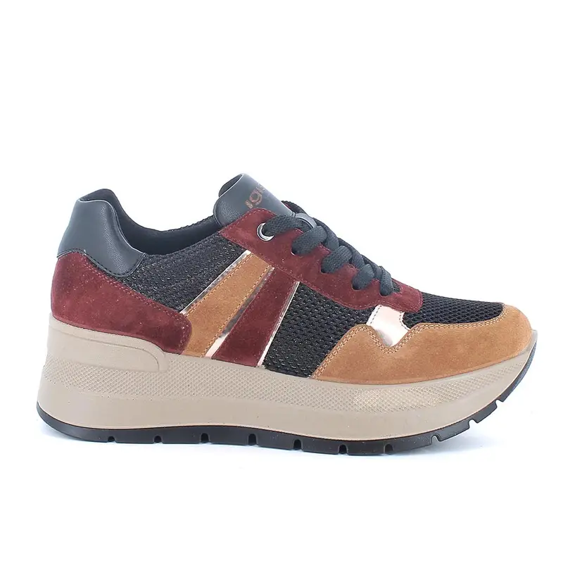 Sneakers con zeppa da donna nero e bordò con lacci