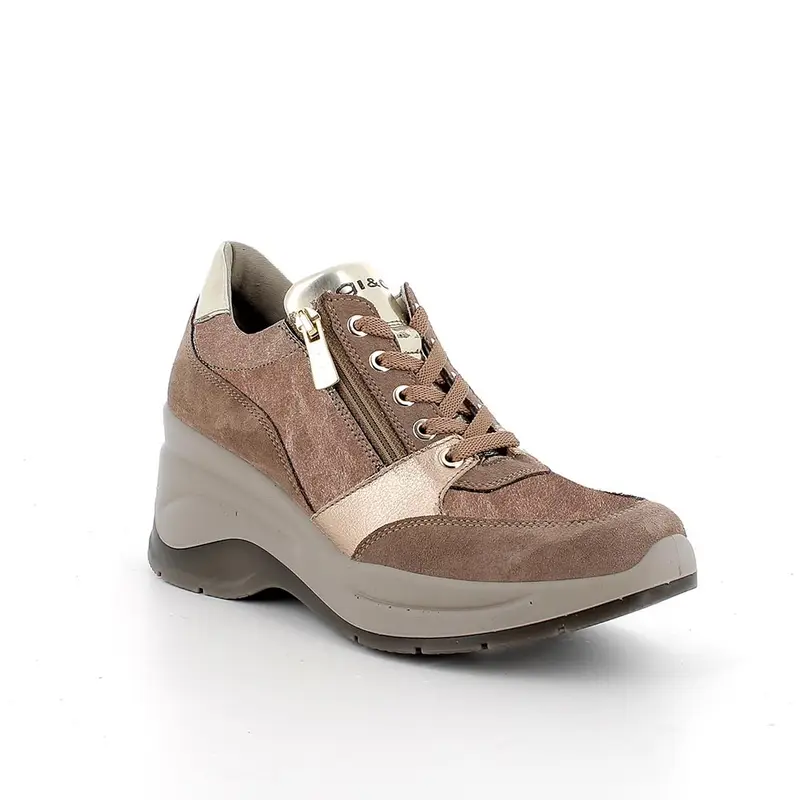 Sneakers con zeppa da donna platino e beige con zip miniatura 2
