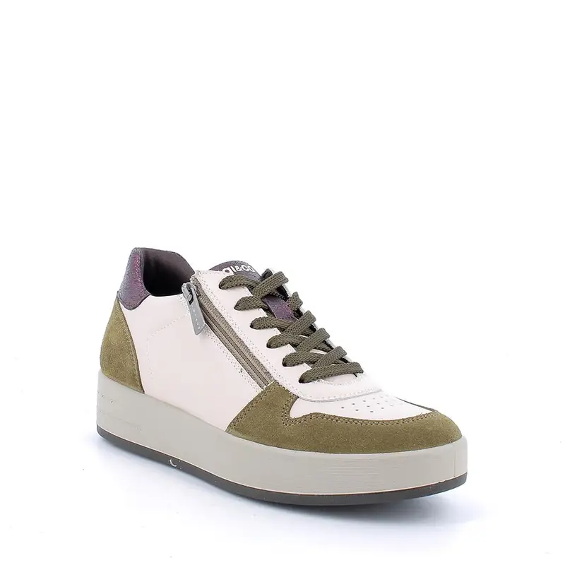 Sneakers da donna beige e verde con zip miniatura 2