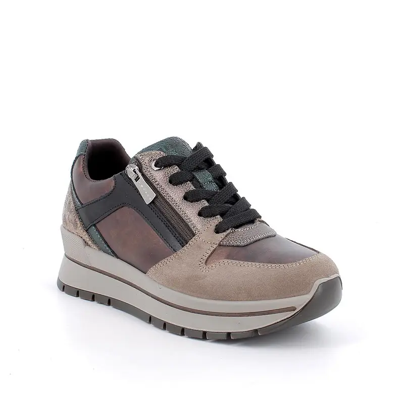 Sneakers da donna marrone e beige con zip miniatura 2