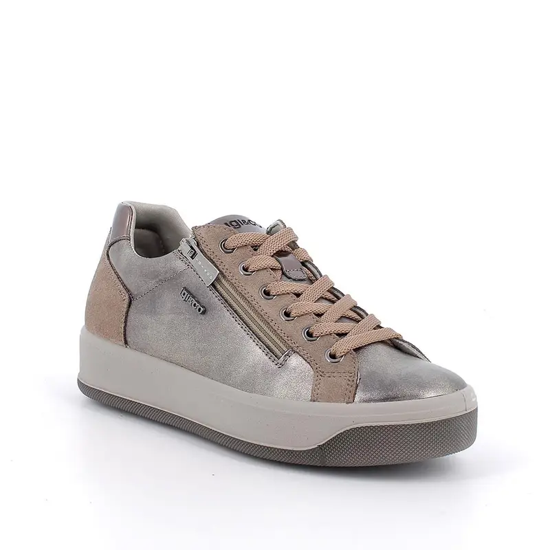 Sneakers da donna platino e beige con zip miniatura 2