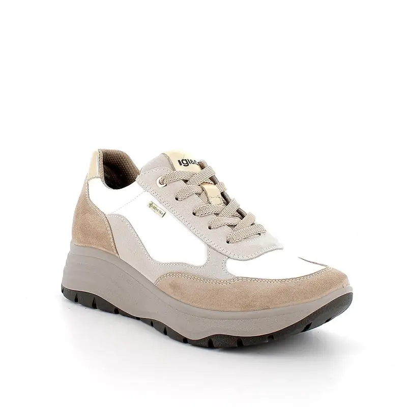 Sneakers gore-tex con zeppa da donna beige e bianco con lacci miniatura 2