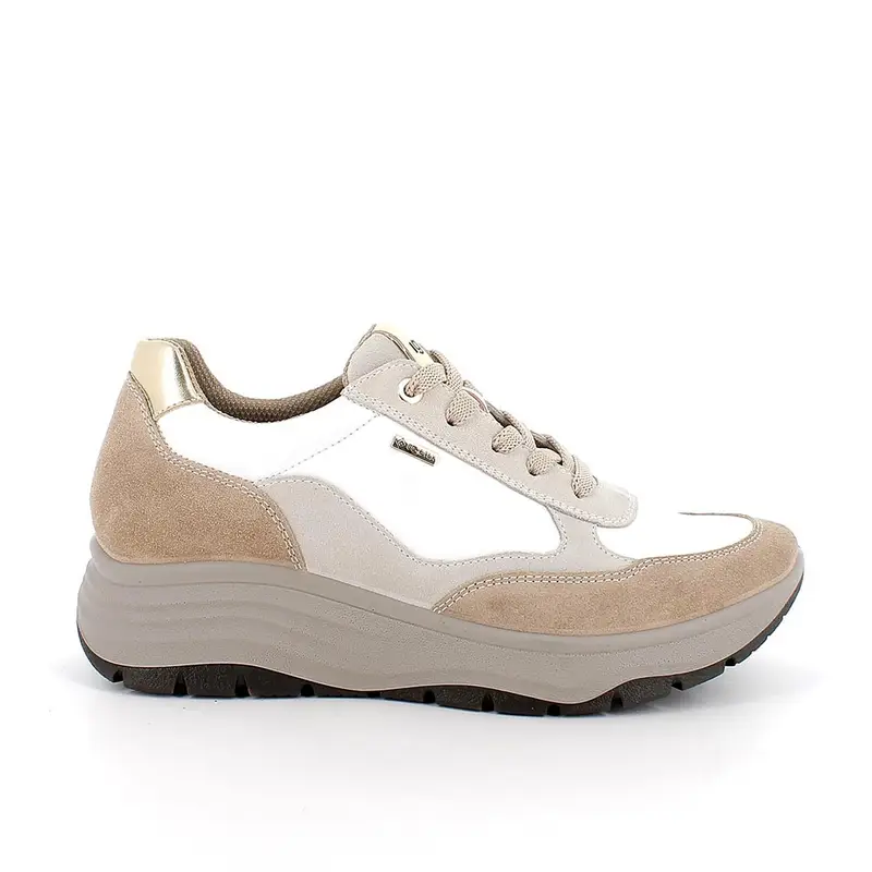 Sneakers gore-tex con zeppa da donna beige e bianco con lacci