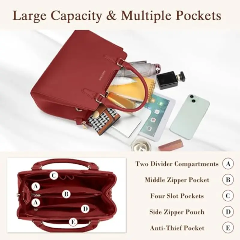 IGOLUMON Borsa Donna Borse in Pelle Borsa Mano Donna Grande Lavoro Tote Bag Università Tracolla Borsetta Tracolla Media Borsette a Spalla Firmate in Saldo Rosso miniatura 2