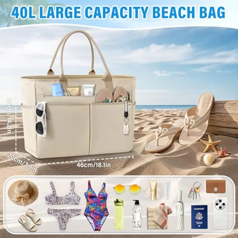 IGOLUMON Borsa Mare Donna Grande XXL Famiglia Borsa Spiaggia con Cerniera Capacità 40L Pieghevole Borse Tote per Mare Viaggio Shopping Kaki miniatura 3