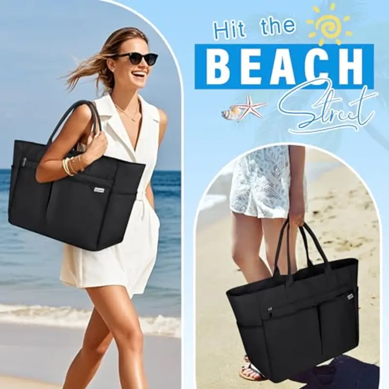 IGOLUMON Borsa Mare Donna Grande XXL Famiglia Borsa Spiaggia con Cerniera Capacità 40L Pieghevole Borse Tote per Mare Viaggio Shopping Nero miniatura 2