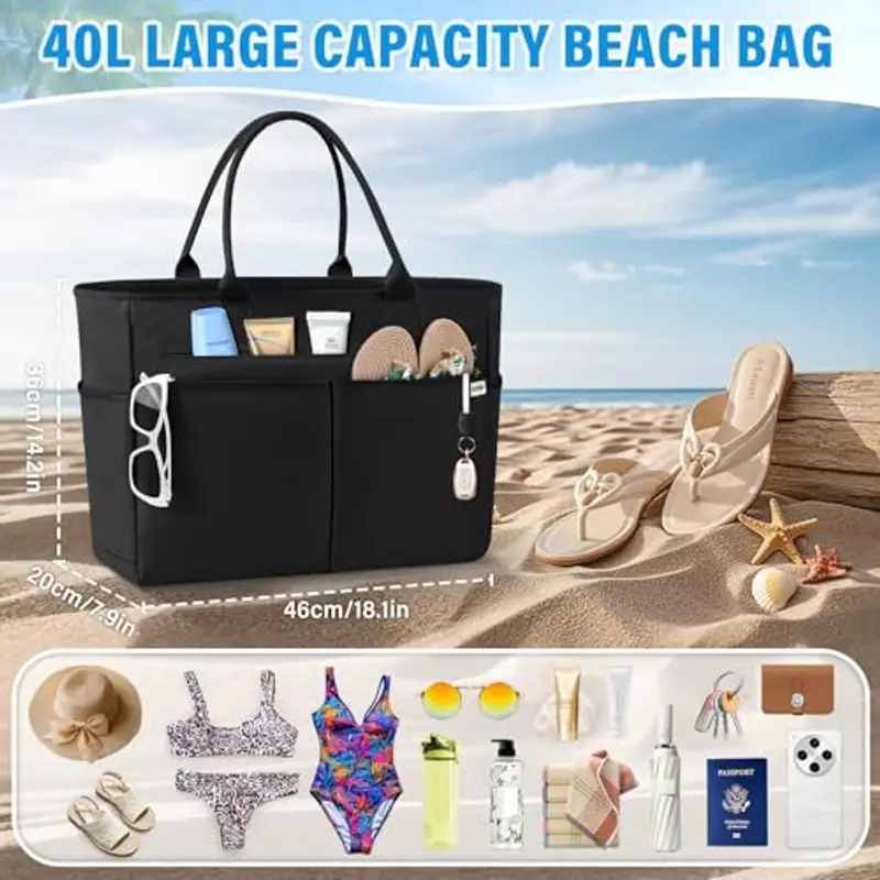 IGOLUMON Borsa Mare Donna Grande XXL Famiglia Borsa Spiaggia con Cerniera Capacità 40L Pieghevole Borse Tote per Mare Viaggio Shopping Nero miniatura 3