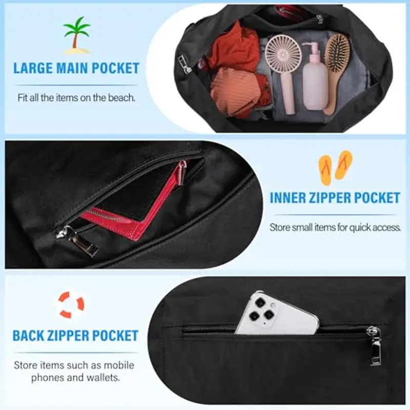 IGOLUMON Borsa Mare Donna Grande XXL Famiglia Borsa Spiaggia con Cerniera Capacità 40L Pieghevole Borse Tote per Mare Viaggio Shopping Nero miniatura 4