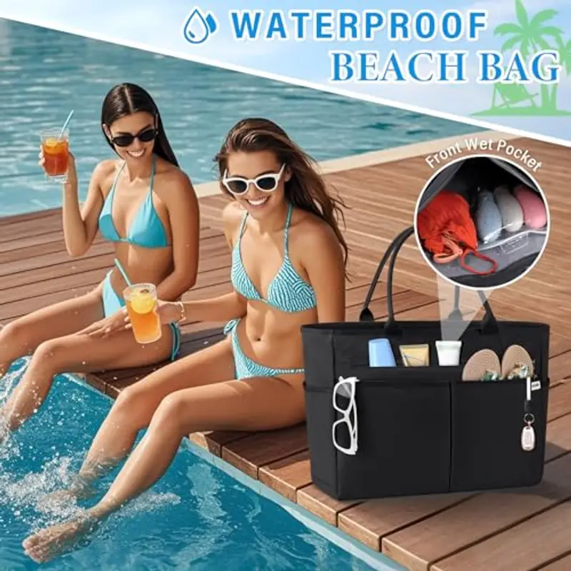 IGOLUMON Borsa Mare Donna Grande XXL Famiglia Borsa Spiaggia con Cerniera Capacità 40L Pieghevole Borse Tote per Mare Viaggio Shopping Nero miniatura 5