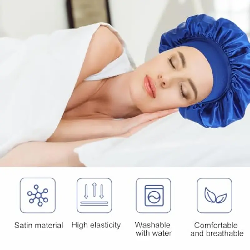 iLamvie Cuffia Seta Capelli Ricci, Silk Bonnet, Berretto Da Notte Raso Elastico Per Dormire Cappello Da Notte Per Donna Berretto Da Notte Raso Per Donna Ragazza(blu) miniatura 2