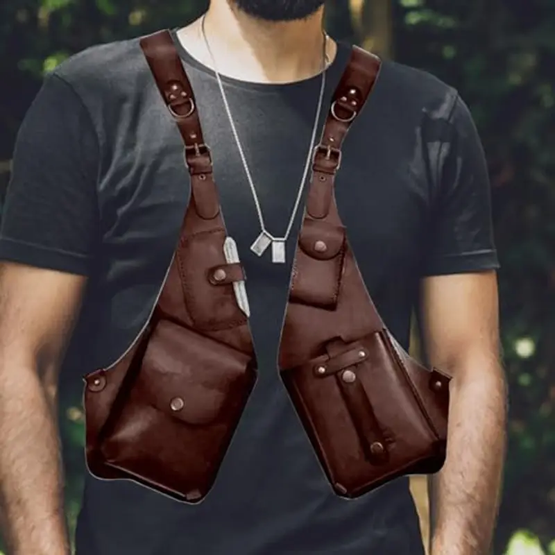 Imbracatura antifurto da uomo in pelle – portafoglio medievale retrò con cinturino – custodia per telefono per uomo e donna, tracolla regolabile in pelle PU, borsa per telefono all'aperto miniatura 3