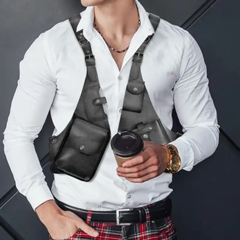 Imbracatura antifurto in pelle, doppia tasca a tracolla medievale, cosplay, libero, borsa a doppia spalla per uomo e donna, borsa vintage, tracolla miniatura 3