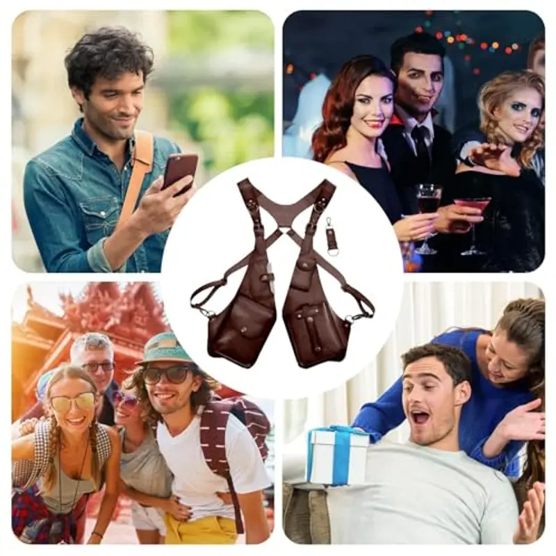 Imbracatura antifurto in pelle, portafoglio medievale retrò con cinturino | custodia per telefono per uomo e donna, borsa a portafoglio regolabile in pelle PU, borsa per telefono all'aperto miniatura 3