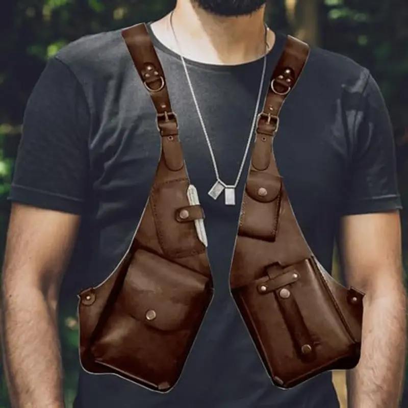 Imbracatura antifurto per uomo, doppia tasca a tracolla medievale Cosplay | Custodia per telefono per uomo e donna, tracolla regolabile in pelle PU, borsa per telefono all'aperto miniatura 3