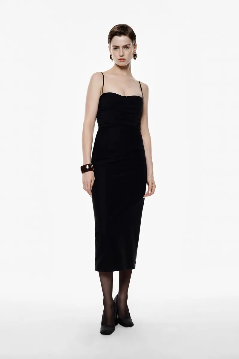 Abito a tubino midi con spalline sottili Nero miniatura 2