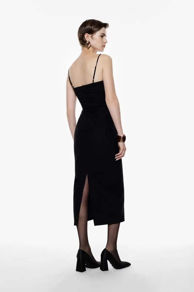 Abito a tubino midi con spalline sottili Nero miniatura 3
