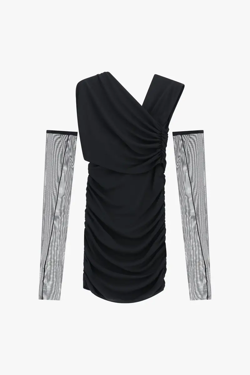 Abito corto asimmetrico con maniche rimovibili Nero