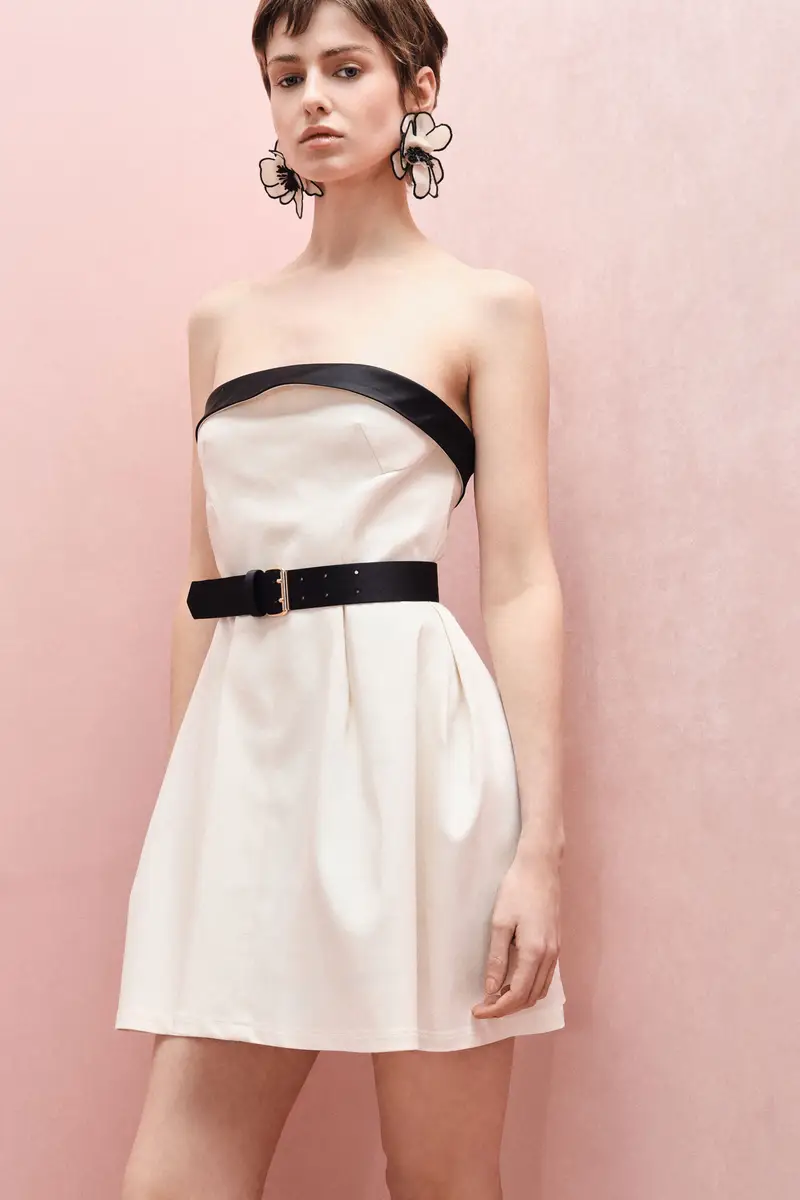 Abito corto colorblock scollatura dritta cintura Panna miniatura 2