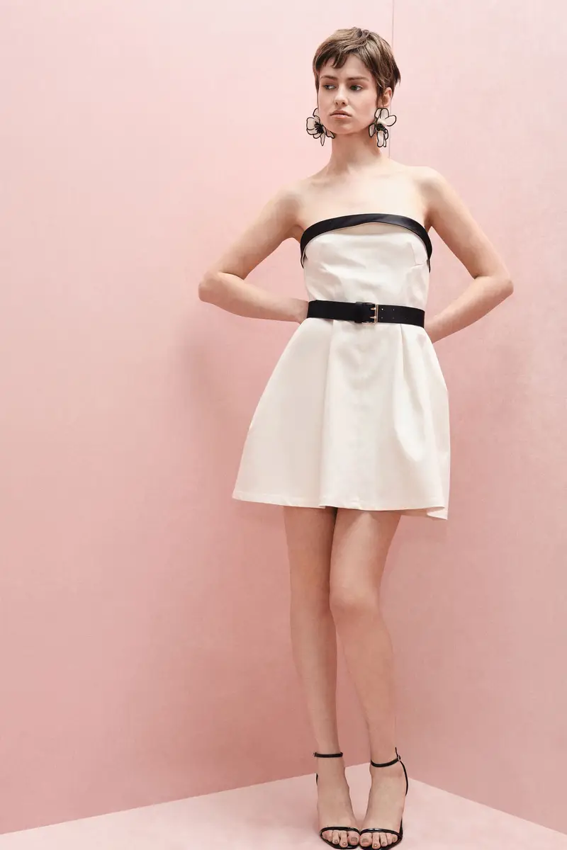 Abito corto colorblock scollatura dritta cintura Panna miniatura 3