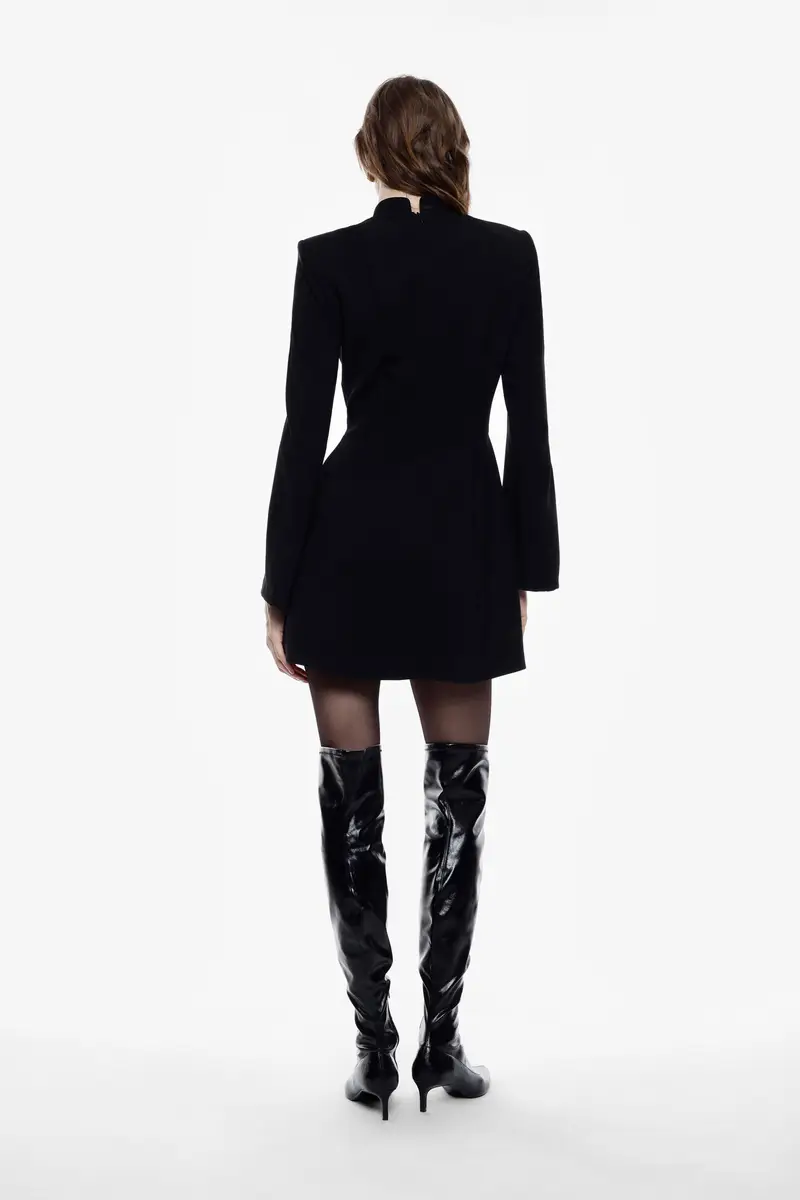 Abito corto con collo coreano e maniche lunghe Nero miniatura 3