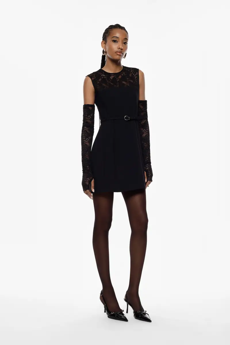 Abito corto con inserto pizzo e cintura Nero miniatura 3