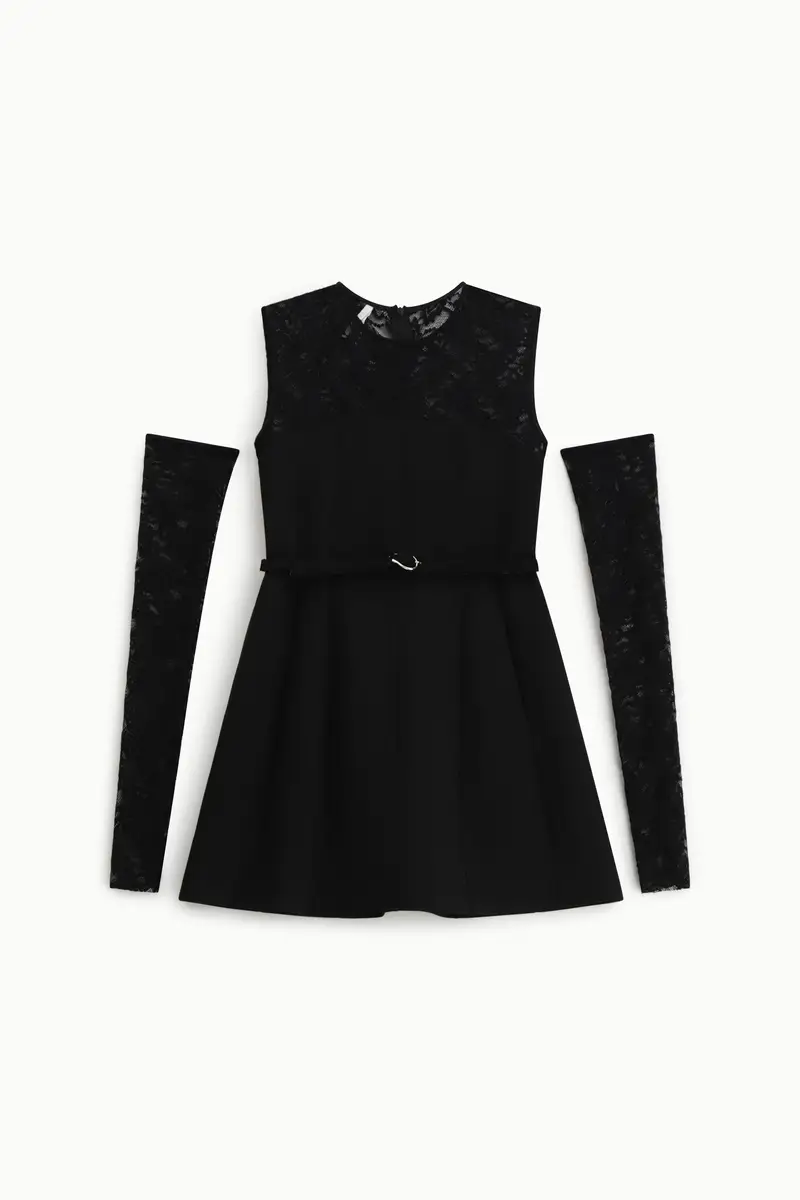 Abito corto con inserto pizzo e cintura Nero