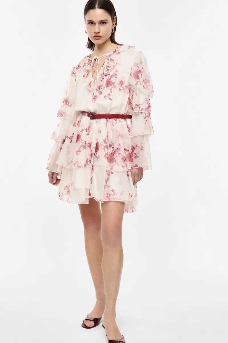 Abito corto con maniche a balze e cintura Latte miniatura 2