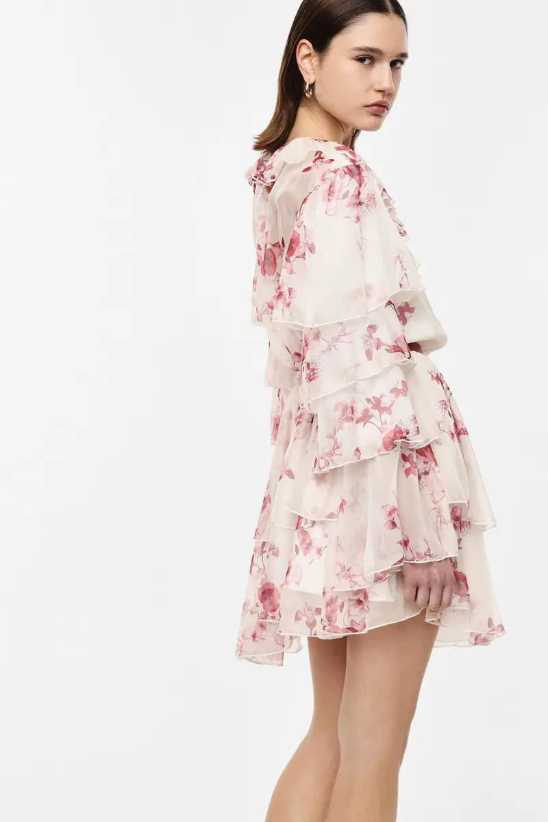 Abito corto con maniche a balze e cintura Latte miniatura 3