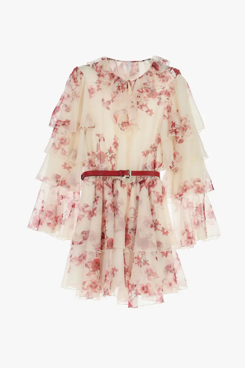 Abito corto con maniche a balze e cintura Latte