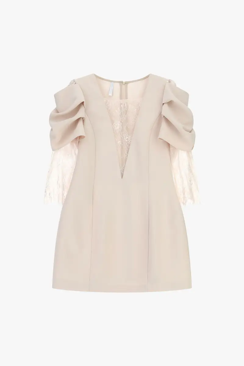 Abito corto con maniche a balze e inserti in pizzo Burro