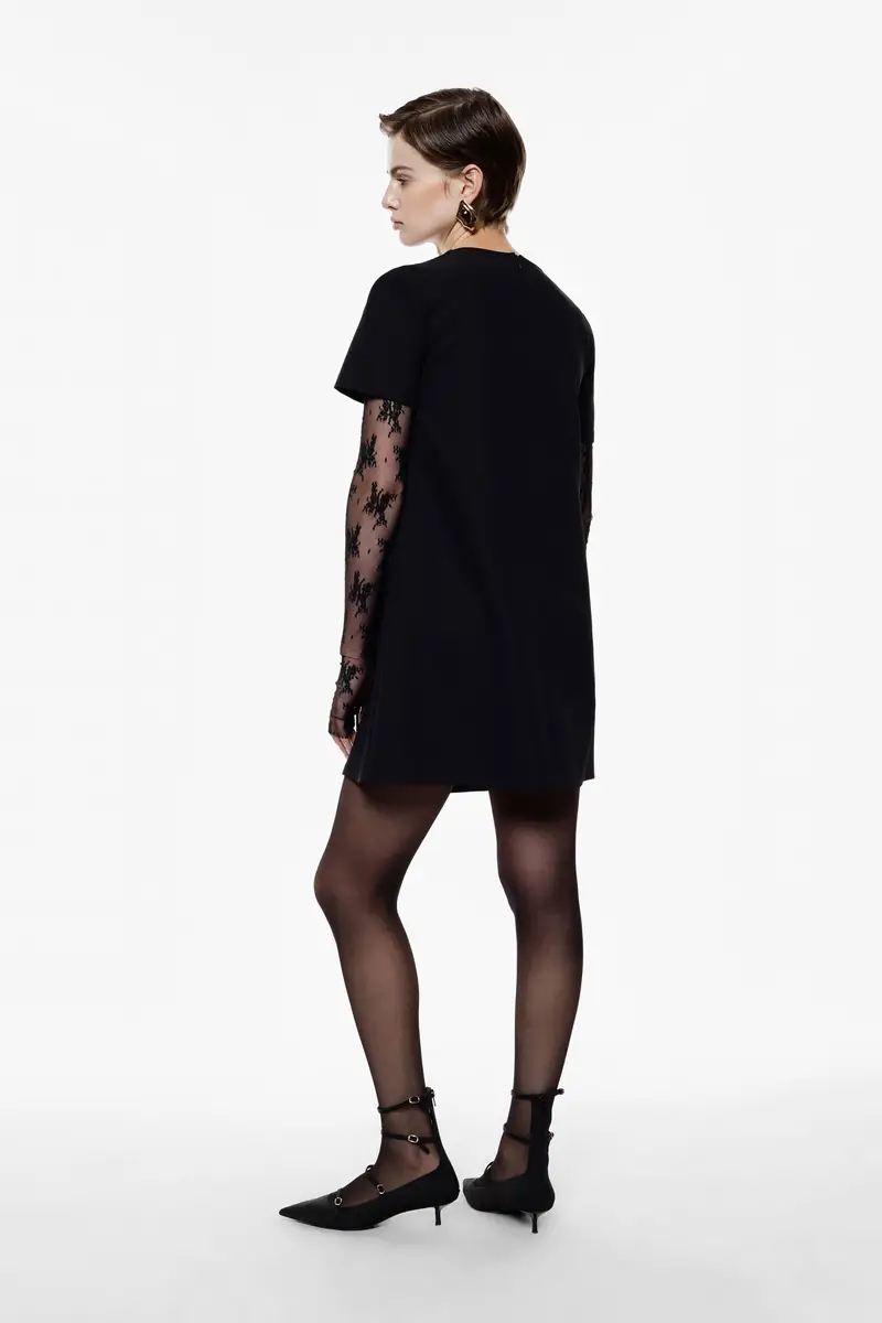 Abito corto con maniche corte e applicazioni in pizzo Nero miniatura 3