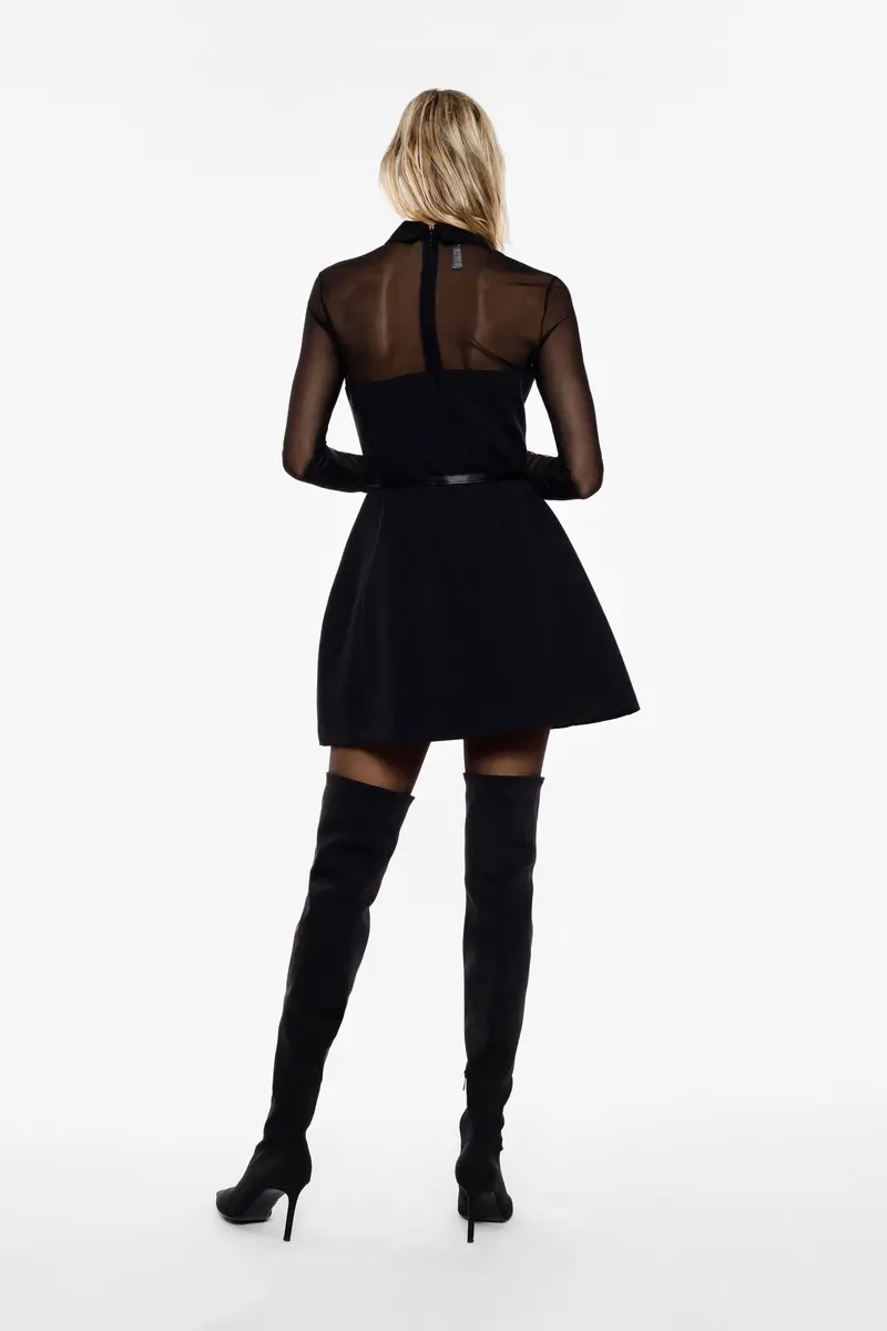 Abito corto con maniche trasparenti e cintura Nero miniatura 3