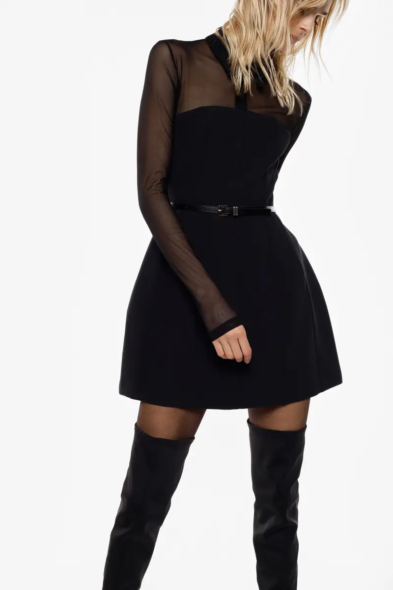 Abito corto con maniche trasparenti e cintura Nero miniatura 4